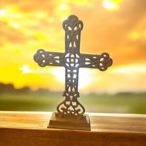 Beige Wrought Iron Cross Standing Tabletop 10.75"H  Rustic